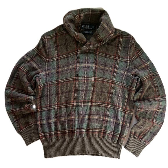 Vintage Polo Ralph Lauren Black Watch Plaid Shawl Collar Cashmere Blend Sweater - Picture 1 of 16